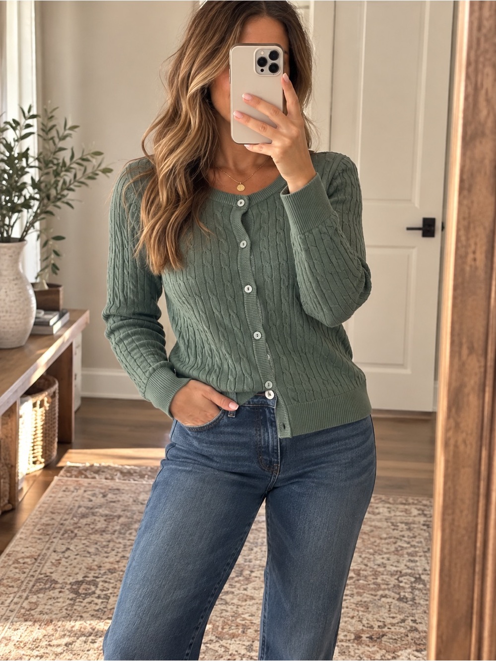 Eddie Bauer Olive Green Cable Knit Cotton Cardigan Sweater M